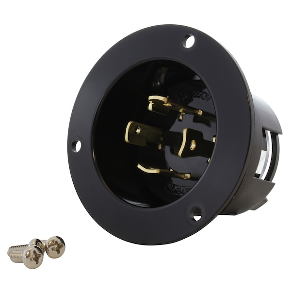 Flanged Locking Inlet, 30 A, 250V AC, Three Phase, Screw Terminals, Black